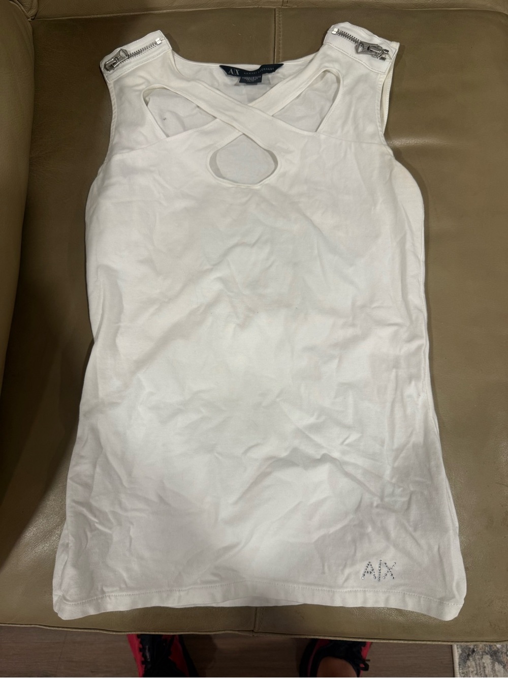 Armani Exchange White Crisscross Keyhole Tank with Shoulder Zippers